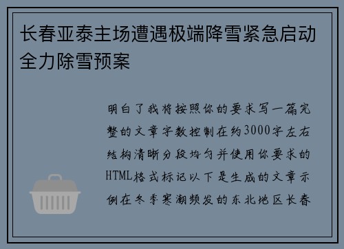 长春亚泰主场遭遇极端降雪紧急启动全力除雪预案 长春亚泰主场遭遇极端降雪紧急启动全力除雪预案